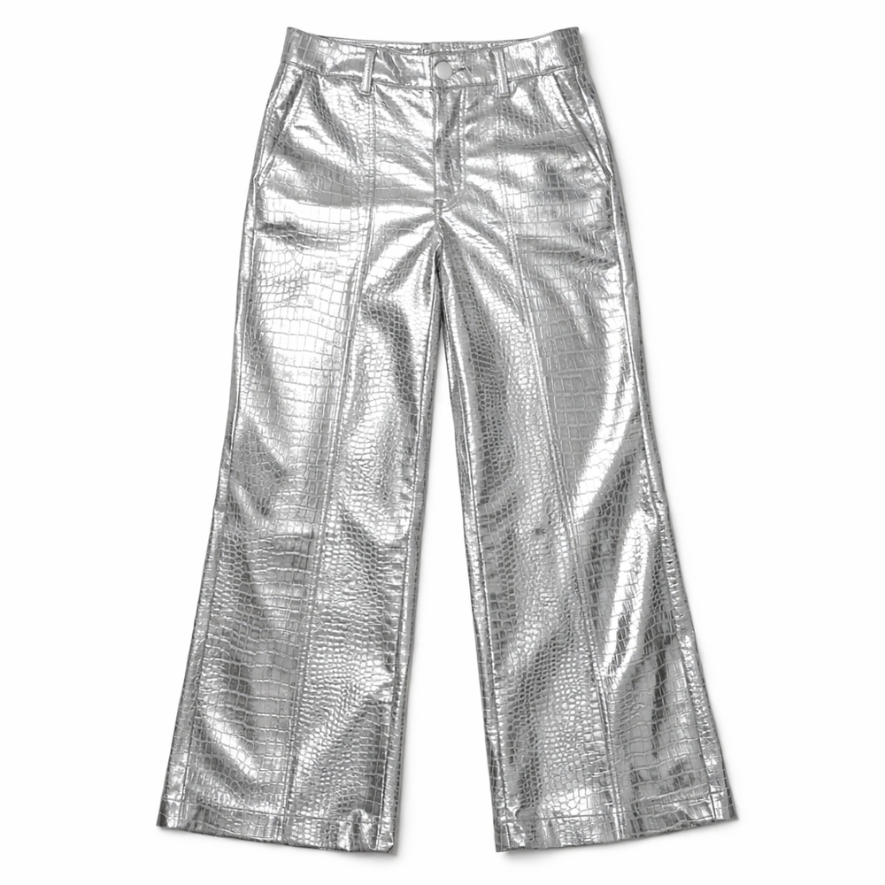Anthropologie Avec Les Filles Silver Croc Faux Leather Metallic Wide Leg Pants 4